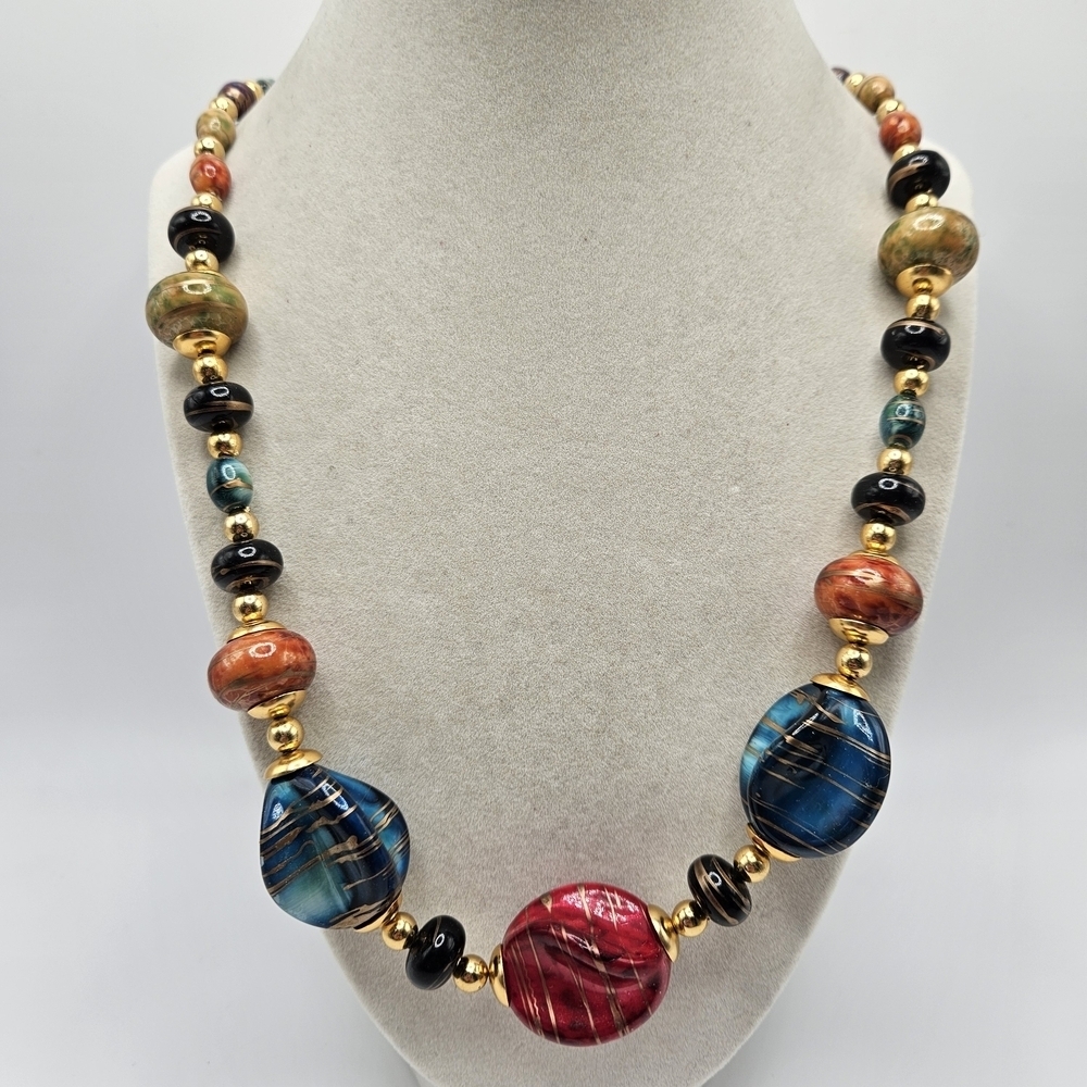 VINTAGE Chunky Gold Swirl Multicolor Resin Beaded Strand Necklace